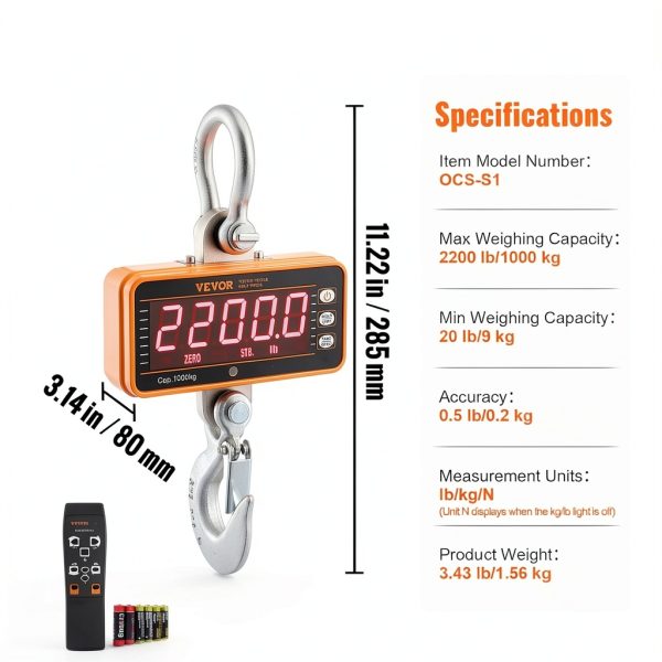 VEVOR Crane Scale Hanging 2200 lbs Cast Aluminum with Remote Control-6
